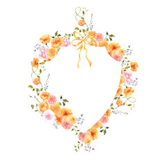 Vintage frame with watercolor hand draw flowers and leaves, peachy color, crest frame for wedding invitations. Isolated on transparent background