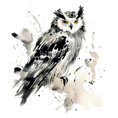 Watercolor painting of a beautiful owl on a branch on a white background. Birds. Animals. Illustration, Generative AI.