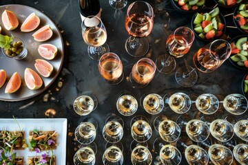A sophisticated arrangement of wine glasses and gourmet appetizers on a table, showcasing an elegant catering setup