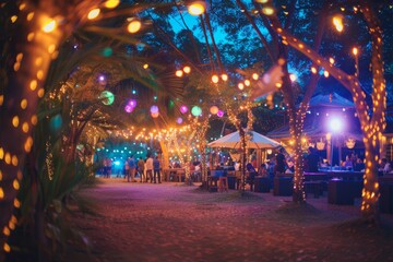 A group of individuals standing under a canopy illuminated by vibrant lights at an evening event in an open-air venue