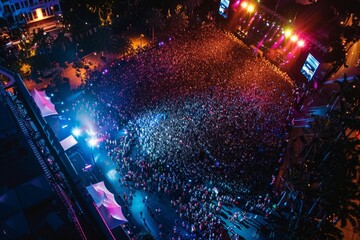 An aerial view capturing a large crowd gathered at a concert, with people cheering, singing, and...