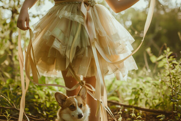 Enchanting Forest Walk with Elegant Woman and Charming Corgi