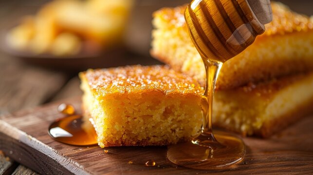 Comforting image of homemade sweet cornbread, ideal moistness, presented with a touch of honey, set on a clean isolated background, studio lighting