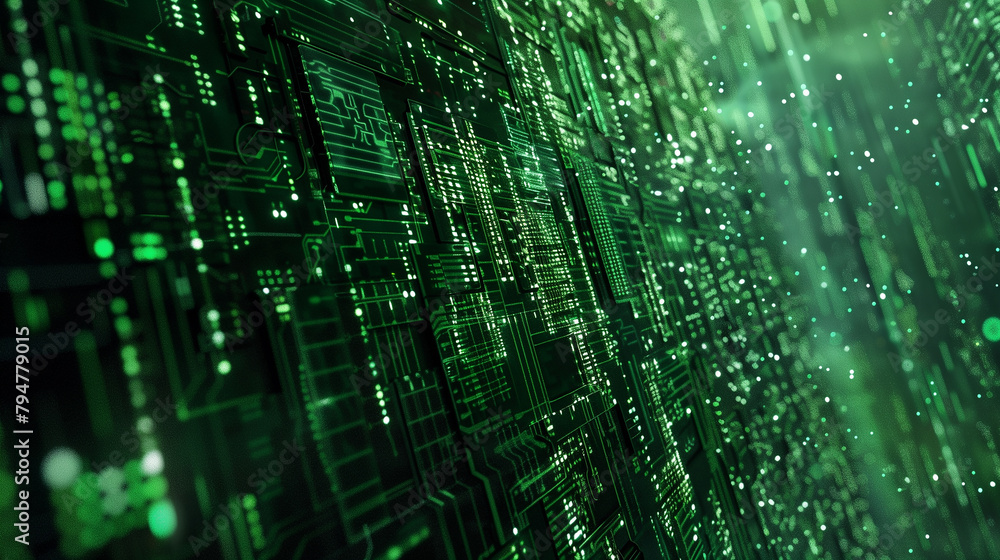Poster a digital matrix, where cascading streams of green code intertwine and converge in a mesmerizing dis