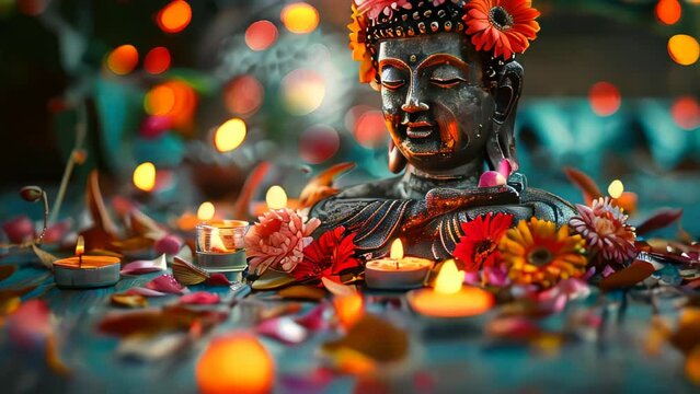 Buddhist Temple prayer for monks footage with flower decoration