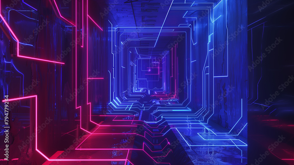 Poster a labyrinthine maze of electrical circuitry. the circuit paths as glowing trails of light, guiding t