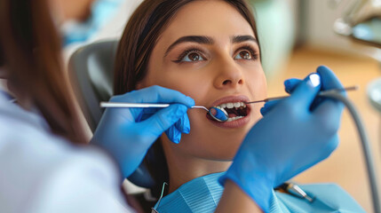 Face of calm young woman with white skin, dark brown hair and open mouth close-up of dentist doing dental examination with dental mirror and blue medical gloves created with Generative AI Technology