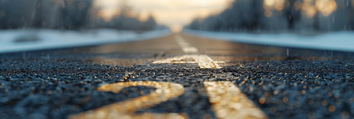 Road to sunset between forest, Cement grey asphalt road pavement section on blurred background.

