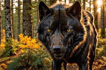 A large black wolf is walking through a forest
