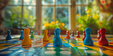Colorful Board Game Pieces on Table with Sunlit Garden Background