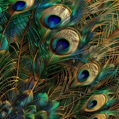 Textured abstract background illustrating intricate patterns of peacock feathers and animal fur, rendered in vibrant shades of green, blue, and gold.