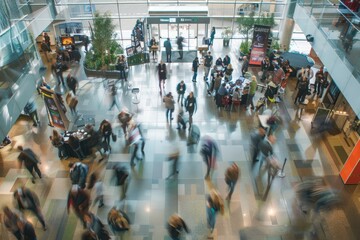 Professionals moving between workshops and networking at a bustling conference venue