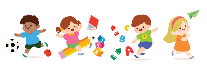Cute kids with school supplies vector. Set for children characters design in different poses, Happy and smile people. back to school vector illustration.