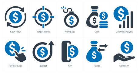 A set of 10 finance icons as cash flow, target profit, mortgage