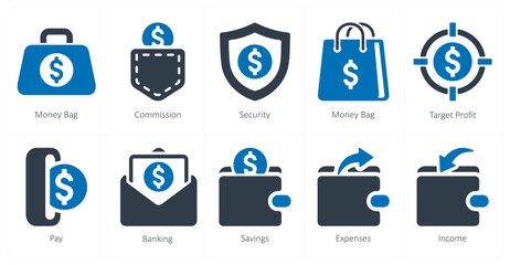A set of 10 finance icons as money bag, commission, security