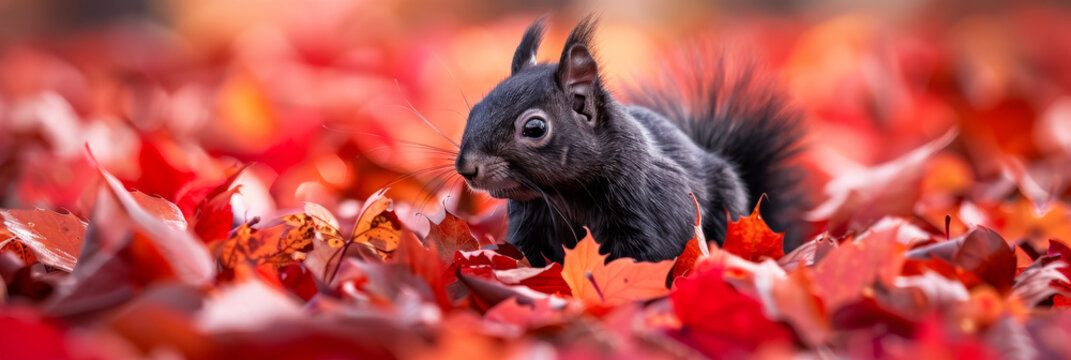 Curious Autumn Encounter: Black Squirrel amid Red Leaves
