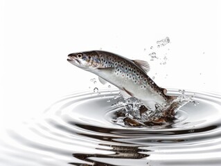 Rainbow trout jumping out of water, isolated on white background.