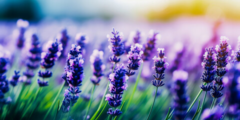 A field of purple lavender flowers with a bright blue sky in the background