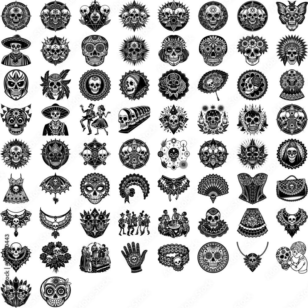 Poster numerous intricately decorated sugar skulls are displayed in a vibrant and colorful arrangement, sho