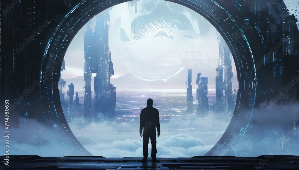 Wall mural a man stands in front of a large, circular building by ai generated image