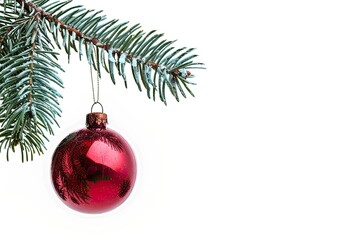 Single Red Christmas glass ball hanging from a pine branch, isolated on white with copy space.