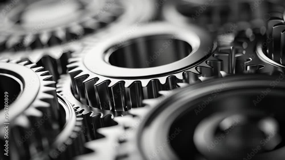 Poster closeup of gears and cogs of machines in motion, engineering concept