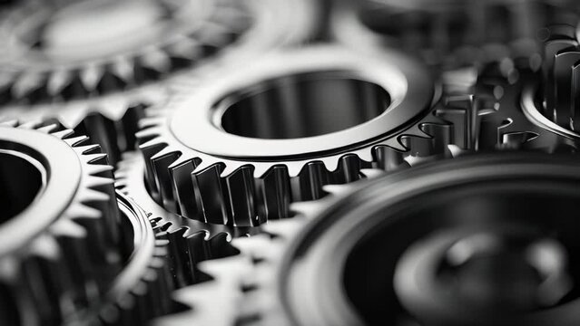 Closeup of gears and cogs of machines in motion, engineering concept