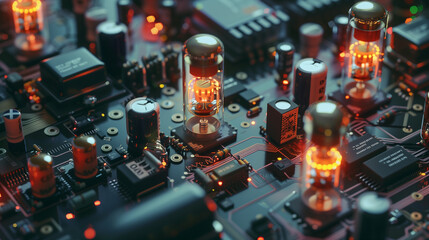 Fototapeta na wymiar electrical circuitry from its analog origins to modern digital technology. Showcasing vintage vacuum tubes and analog components transitioning into sleek, miniature microchips and integrated circuits.