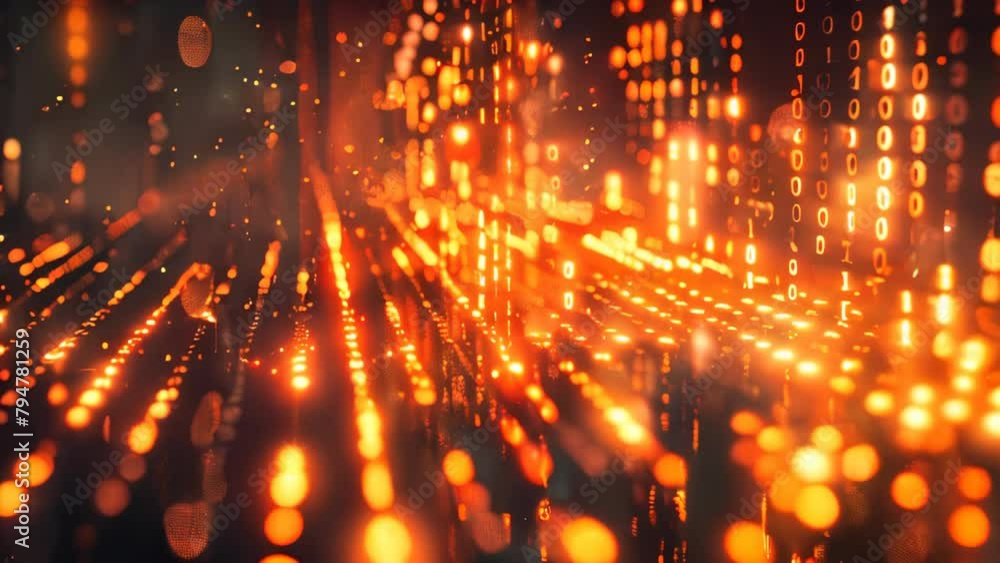 Poster Glowing data binary code background with digital particles and orange lights