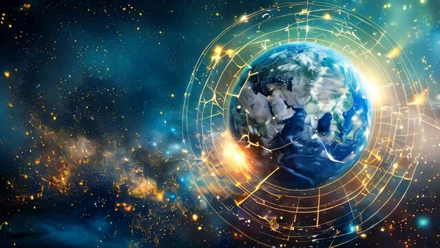 Planet Earth encircled by zodiac signs and astrology symbols