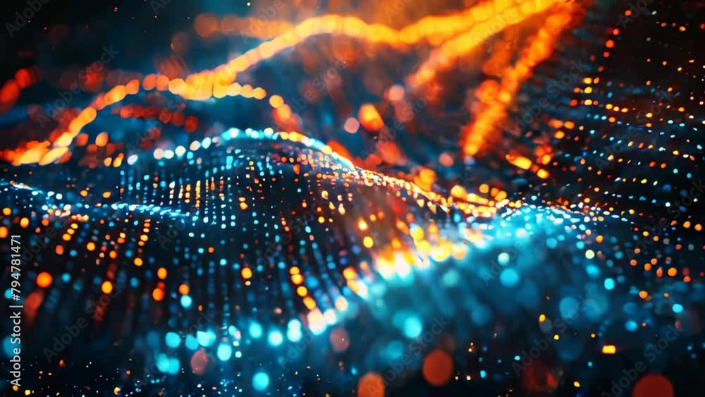 Poster Glowing data binary code background with digital particles and orange lights