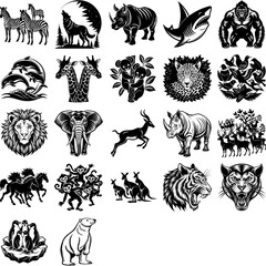 Obraz premium A collection of diverse wild animals, including lions, elephants, zebras, and giraffes, captured in black and white. The animals are depicted in various poses and actions, showcasing their natural