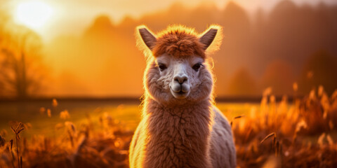 Obraz premium Majestic Alpaca At Sunset: A Golden Hour Portrait in Nature
