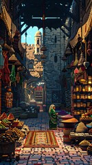 A pixelated Egyptian market with vendors selling spices, fabrics, and artifacts - obrazy, fototapety, plakaty