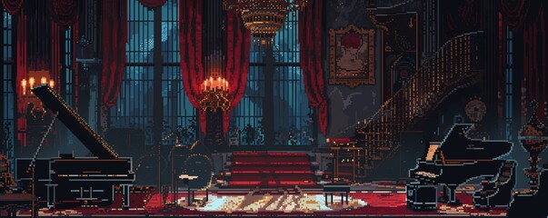 A pixelated Gatsby-era mansion party with jazz bands, flappers, and opulence