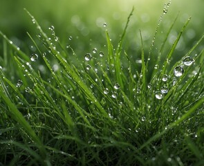Obraz premium Fresh green grass with dew drops close up. Nature background.