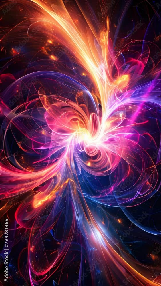 Poster abstract swirl of glowing neon light particles on a dark background animation