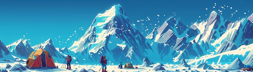 A pixelated mountain base camp with climbers preparing for a summit attempt - obrazy, fototapety, plakaty