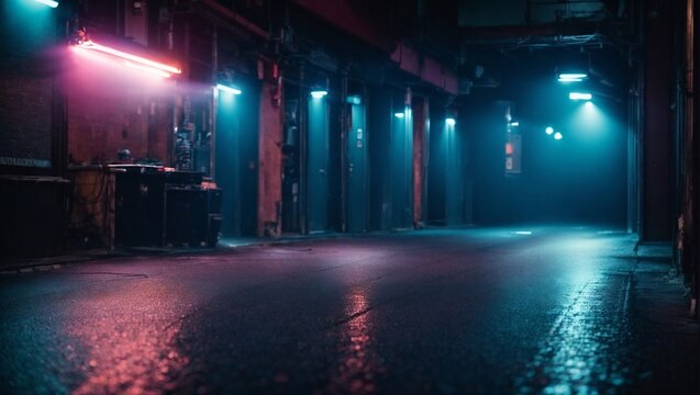 Neon Noir: A cyberpunk-inspired alleyway, drenched in vibrant neon hues and atmospheric fog, evokes a sense of mystery and urban intrigue. 