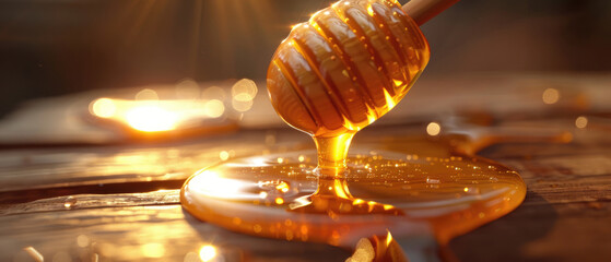 Thick clear yellow organic honey liquid flowing from wood honey sticks flows naturally on a wooden table created with Generative AI Technology  - obrazy, fototapety, plakaty