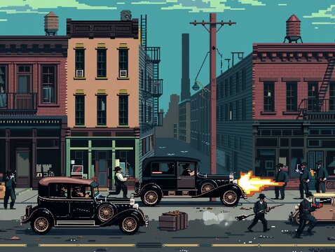 A pixelated prohibition-era chase scene with gangsters, police, and vintage cars