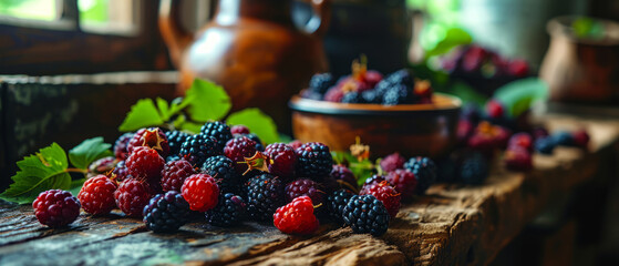 Rustic Wooden Table with Fresh Blackberries and Raspberries in Natural Light