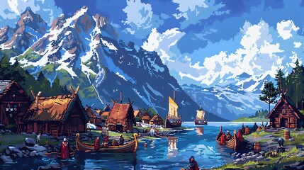 A pixelated Viking village with craftspeople, longboats, and fjord views - obrazy, fototapety, plakaty