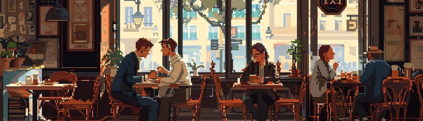 A pixelated vintage Paris cafe scene with artists, poets, and coffee