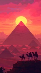 Ancient pixel pyramid landscape with camels and explorers, adventurous and historic