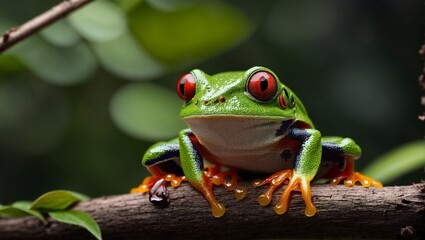 Naklejka premium Red-Eyed Tree Frog on Branch: A vibrant red-eyed tree frog perches serenely on a branch, its vivid colors popping against the lush green foliage in this captivating close-up. 