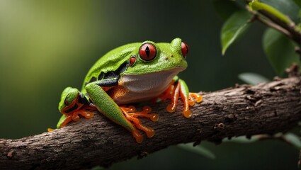 Naklejka premium Red-Eyed Tree Frog Perched On Branch: A vibrant red-eyed tree frog perches on a branch, its bright green skin contrasting with the lush foliage, showcasing the beauty of nature's delicate balance. 