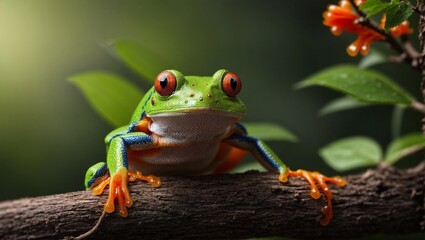 Naklejka premium Red-Eyed Tree Frog on Branch: A captivating image of a vibrant red-eyed tree frog perched on a branch, its mesmerizing gaze and striking colors captivating the viewer. This enchanting photo is perfect