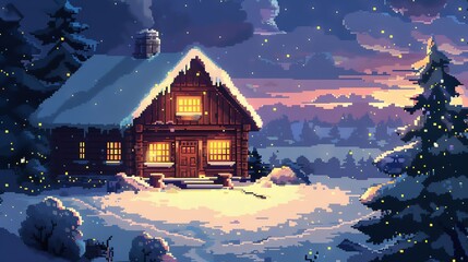Cozy pixel art cabin in a snowy landscape, warm lights glowing through windows, serene and inviting