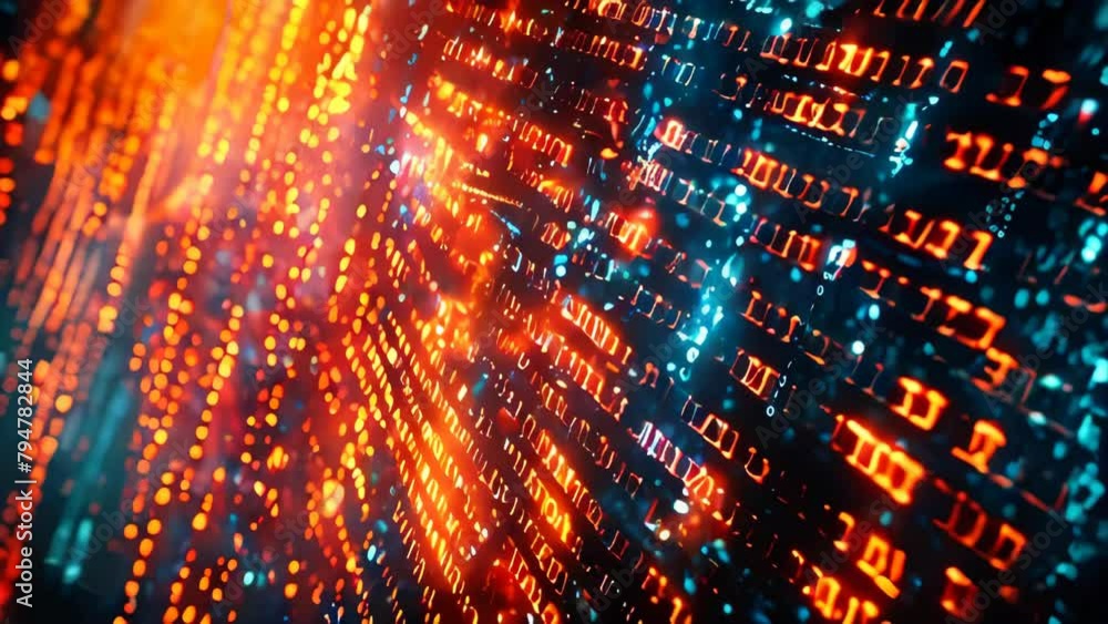 Aufkleber glowing data binary code background with digital particles and orange lights